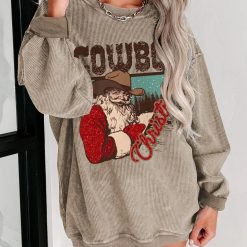 Christmas Cowboy Boy Printed Knit Crew Neck Pullover Sweatshirt Khaki