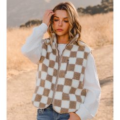 Checkered Sherpa Collared Jacket Vest