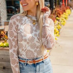 Brown Thumbhole Long Sleeve Floral Print Mesh Top