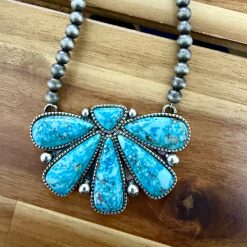 Western Squash Blossom Pendant w/ Navajo Pearl Bead Necklace-Turquoise