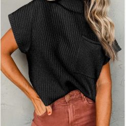 Pocket Ribbed Knit Short Sleeve Sweater-Black