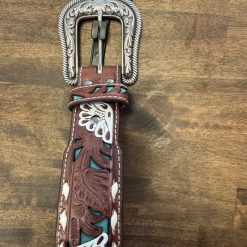 Nocona Belt Co. Women's Painted Flower Buck Turquoise Inlay Belt, Brown