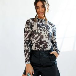 Black Cowhide Sheer Mock Neck Top